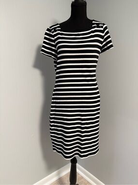 Chaps Black and White Striped Short Sleeve Knit Dress